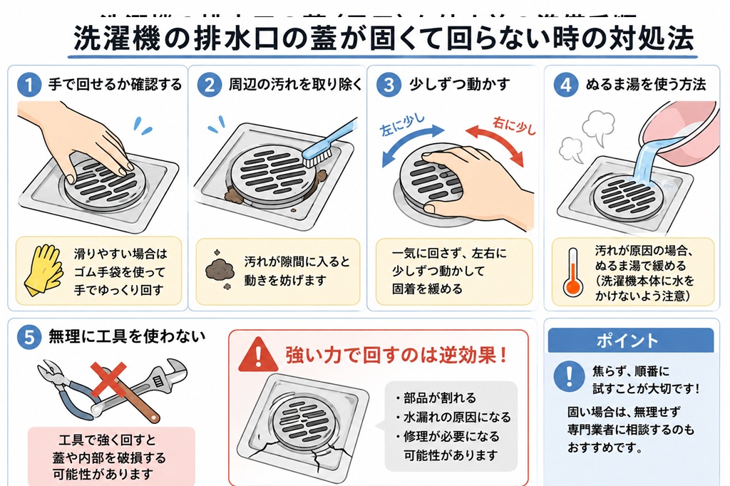 洗濯機の排水口の蓋が固くて回らない時の対処法